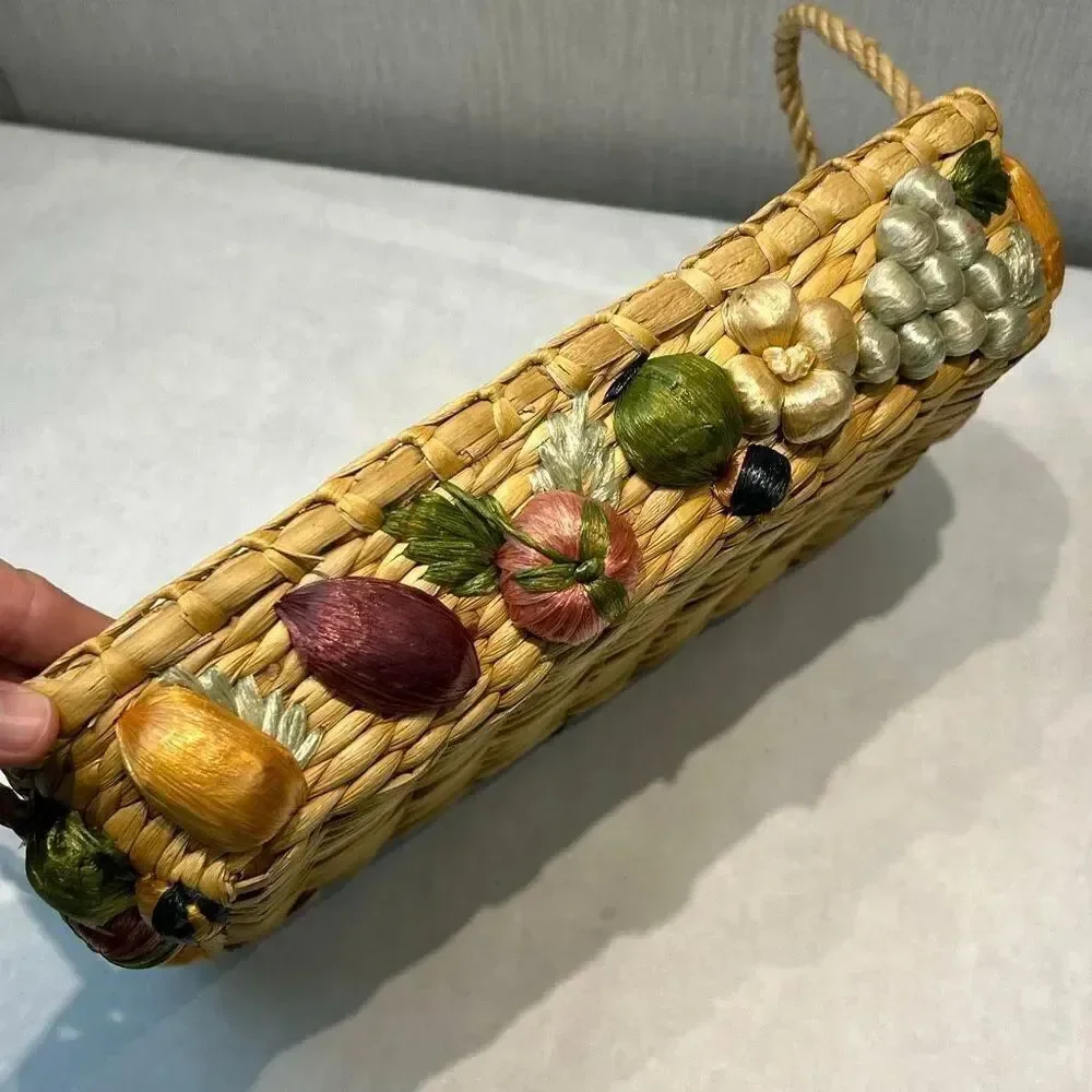 Vtg Woven Straw Lined Basket with 3D Fruit on Sides Phillipines Handmade Boho